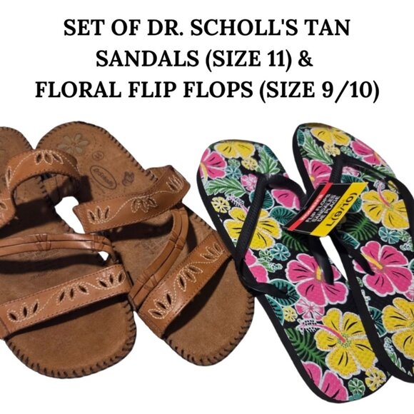 SET OF DR. SCHOLL'S MEMORY FOAM SZ 11 SANDALS & FLORAL SZ 9/10 FLIP-FLOPS - Picture 1 of 2